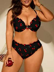 Swim Mod Conjunto de tankini de 2 piezas con estampado aleatorio y acolchado para mujer talla grande - Negro - Ver 1