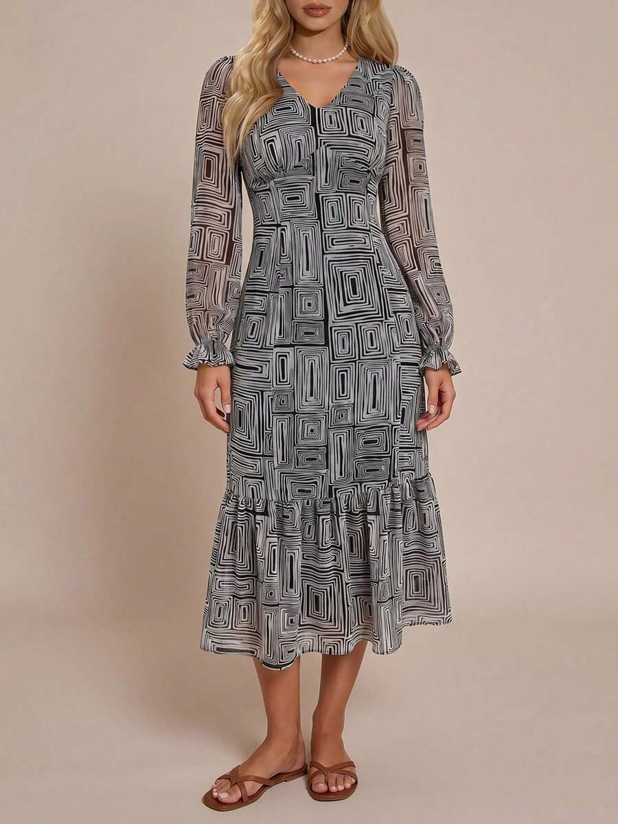 SHEIN Cottnline Allover Print Flare Sleeve Ruffle Hem Dress - Black and White - View 1