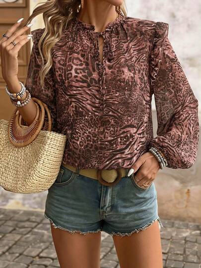 Brillora Blus Wanita Lengan Panjang Berkerah Ruffle dengan Motif Leopard & Zebra, Atasan Motif Leopard Cokelat, Cocok untuk Pakaian Kasual Sehari-hari