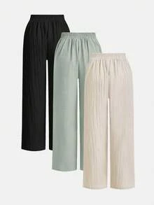 SHEIN Essnce 女士纯色系腰阔腿宽松休闲裤 - 薄荷綠 - 查看 2