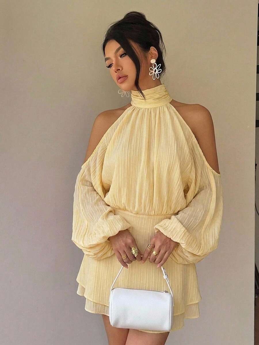 Aloruh 女款秋冬新款長袖純色杏色迷你洋裝,燈籠袖設計A字版型洋裝,派對洋裝,約會下午茶洋裝 - 黃色 - 查看 1