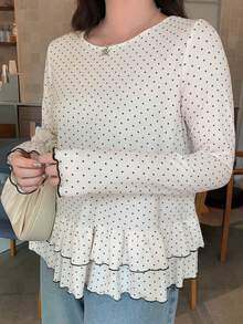 Dazy Plus Plus Size Women's Round Neck Polka Dot Sheer Top, Summer & Autumn New Arrival Long Sleeve Cute Tops Vacation - White - View 1