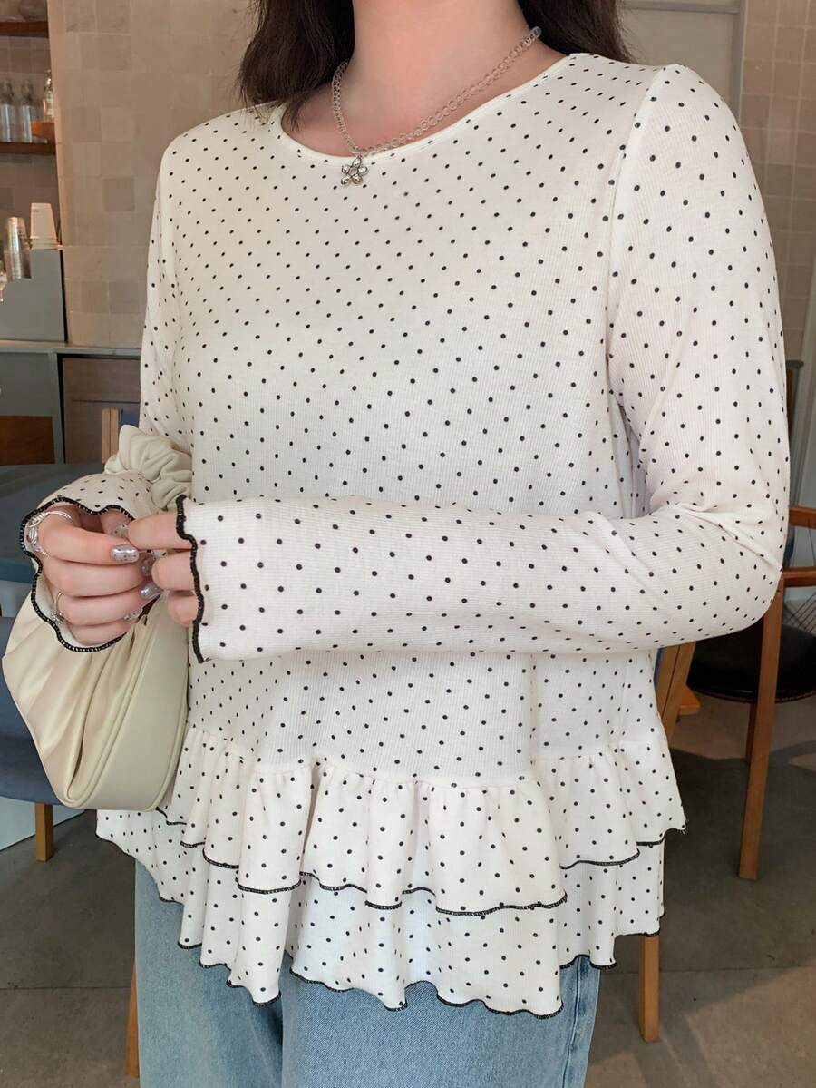 Dazy Plus Plus Size Women's Round Neck Polka Dot Sheer Top, Summer & Autumn New Arrival Long Sleeve Cute Tops Vacation - White - View 1