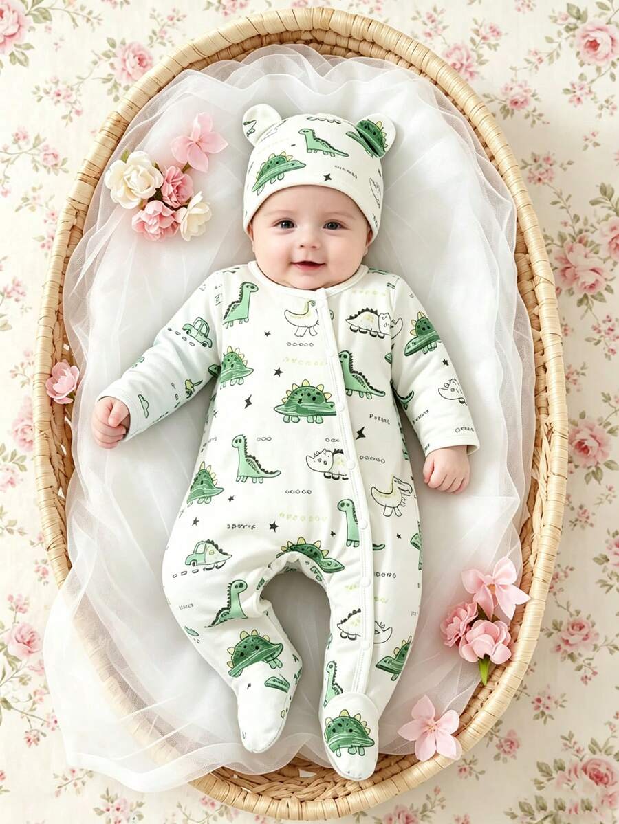 SHEIN 2 piezas/Set Mono de manga larga con estampado de oso de dibujos animados para bebé recién nacido unisex con gorro, azul claro, otoño, lindo a juego familiar, uso diario, fotografía de cumpleaños - Beis - Ver 1