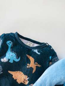 Newborn Baby Boy Autumn/Winter Soft Plush Fabric Dinosaur Digital Print Pattern Long Sleeve Jumpsuit 2-Piece Set Pajamas Loungewear - Multicolor - View 6