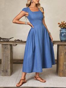 Elenzga Women's Summer Casual Square Neck Denim Dress - Blue - View 9