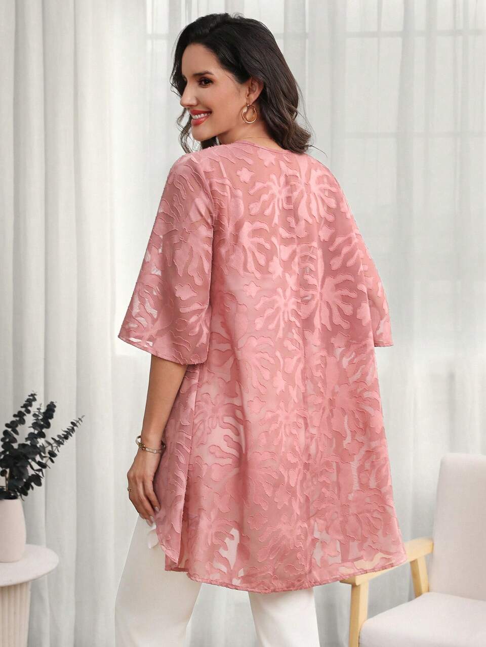 Women Red Jacquard Open Front Cardigan,Autumn Elegant Formal Dinner Evening 3/4 Sleeve Loose Coat,Western Vacation Concert Blouses