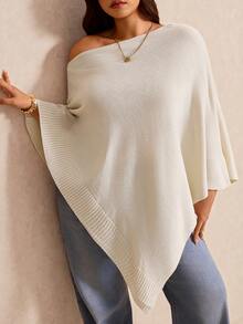 Elaquor Plus Size Women's Solid Color Asymmetrical Shoulder Batwing Sleeve Asymmetrical Hem Sweater Winter - Apricot - View 4