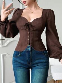 Feyla Kemeja Wanita Lengan Panjang Warna Polos dengan Desain Tali Lubang Kancing - Coffee Brown - View 6