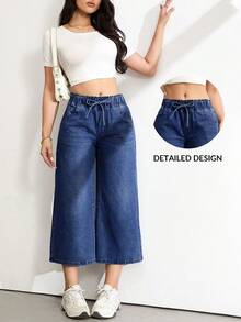 SHEIN Tall Tall Women's Waist Tie Pocket Wide Leg Loose Cropped Navy Blue Jeans Travel Summer Casual - Dark Wash - View 2