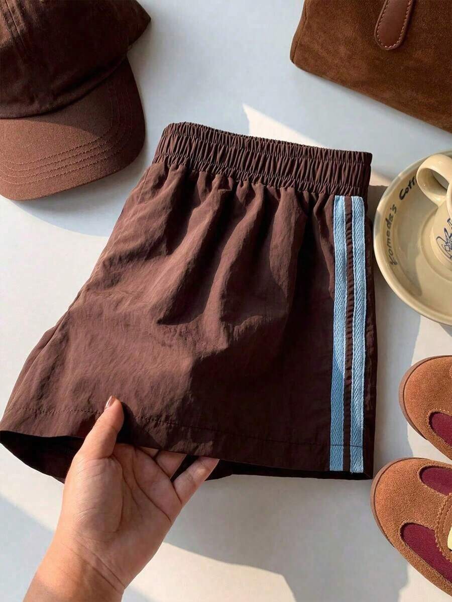 SHEIN 少女棕色拼接缎带编织休闲短裤 - 棕色 - 查看 1