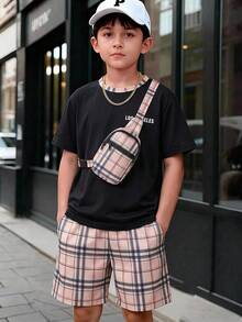SHEIN 2 Stücke Set Kinder Tween Jungen Lässig Buchstaben Muster Kragen Kurzarm T-Shirt und Kariertes Muster Shorts, geeignet für Pendeln, Schule, tägliche Lässig, Sport, Frühling/Sommer - Schwarz - Übersicht 2