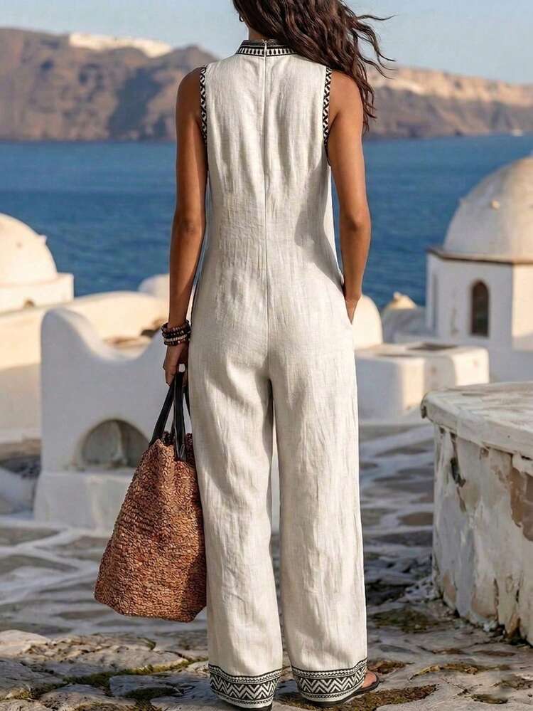 SHEIN LUNE Women's Apricot V-Neck Sleeveless Long Jumpsuit With Pockets,Black And White Checkered,Summer,Boho,Holiday,Vacation,Casual Beach Outfit For Travel - Apricot - View 2