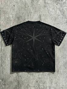 ROMWE MEN 2026 春夏重磅水鑽裝飾男士時尚休閒圓領短袖 T-shirt 上衣，中性情侶款女款短袖上衣 - 黑色 - 查看 2