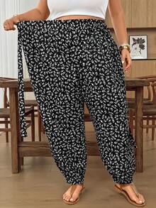 SHEIN CURVE+ 大尺碼休閒全印花寬鬆抽繩長褲，夏季長褲，秋冬 2026 22W - 彩色 - 查看 7