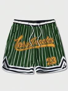 ROMWE MEN Prep Men's Letter Striped Drawstring Waist Casual Shorts - Green - View 1