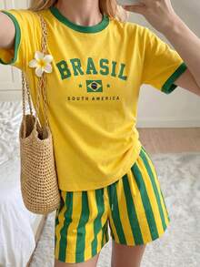 INAWLY Women's 2 Pieces Set, Brazilian Pattern, Yellow Loose Short-Sleeve Top, Yellow-Green Striped Women's Shorts, Summer Bestseller, Summer Women's Shorts - Multicolor - View 4