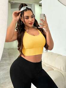 Easithlete Plus Size Women Solid Color Casual Daily Sports Bra - Butter Yellow - View 3