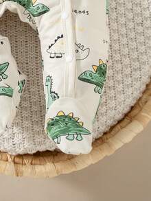 SHEIN 2 piezas/Set Mono de manga larga con estampado de oso de dibujos animados para bebé recién nacido unisex con gorro, azul claro, otoño, lindo a juego familiar, uso diario, fotografía de cumpleaños - Beis - Ver 6