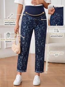 SHEIN Maternity Jacquard Denim Straight Leg Pants - Medium Wash - View 2