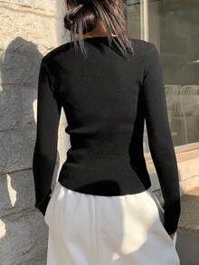 DAZY Women's Solid Color Crew Neck Long Sleeve Casual Knit Sweater, Autumn,Long Sleeve Tops,Fall Women Clothes - Black - View 6