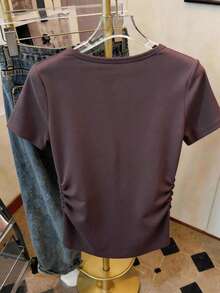 EMERY ROSE Lace Trim Fashionable Minimalist Women's Waist Ruched V-Neck Short Sleeve T-Shirt, Gift For Friends - Coffee Brown - View 2
