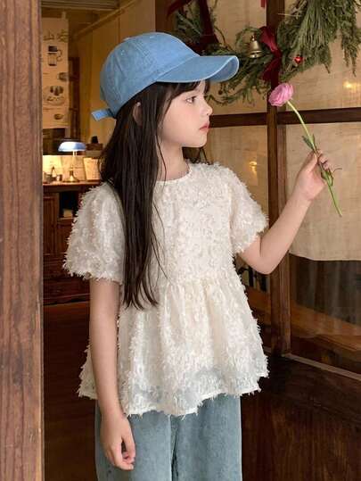 DAZY Round Neck Textured Short Sleeve Design Waist-Cinching Blouse For Young Girls Summer