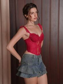 Myrelith 1pc Romantic Lace Eyelash Long Underwire Padded Bra - Burgundy - View 5