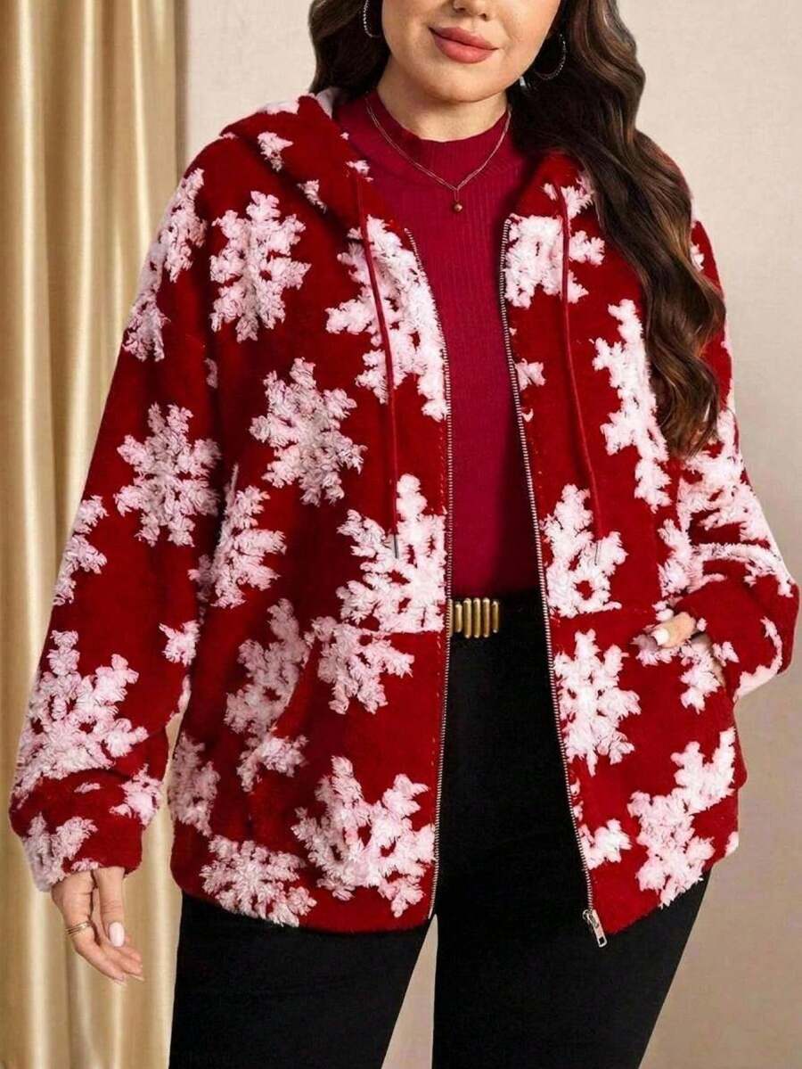Comfylo 大码女式雪花图案长袖拉链抽绳连帽休闲卫衣，秋冬季，圣诞节/冬季女式舒适保暖秋冬装，适合圣诞节、新年、感恩节等节日派对穿着