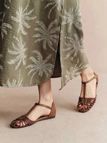 Rosivie Sandal Kasual Datar Gaya Bohemian Wanita dengan Desain Gesper, Sepatu Musim Panas - pita coklat - View 3