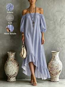 Hotletica Women's Off-Shoulder Blue And White Stripe 3/4 Sleeve Square Neck Lantern Sleeve Ruffle Hem Midi Dress, Casual Coastal Romantic Elegant, Summer, Sexy - Multicolor - View 4