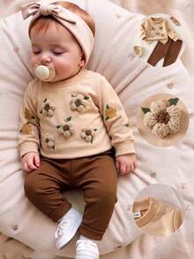 SHEIN 新生兒嬰兒 3D 花卉圖案長袖上衣與長褲休閒日常套裝 - 卡其色 - 查看 1