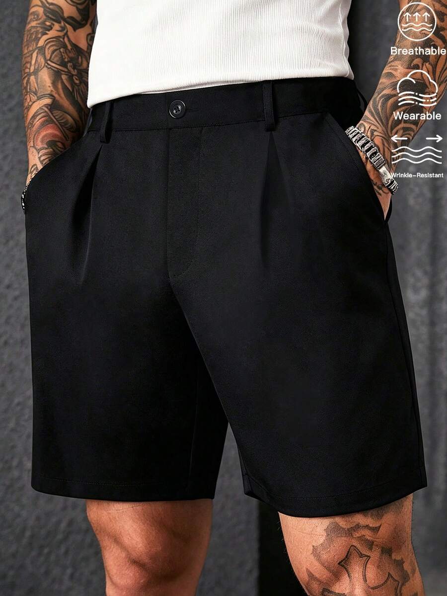 Manfinity CasualCool 男款梭織彈性百褶黑色休閒短褲 - 黑色 - 查看 1
