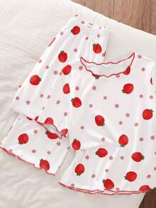 Genkimix Kids Tween Girls Pajamas Summer Sweet Red Strawberry Print Knit Round Neck Contrast Color Frill Trim 2 Pieces Set Loungewear Sleepwear - Multicolor - View 5