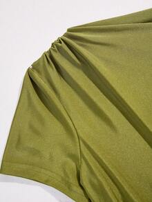 SOLERSUN Elegant Fashionable Casual Street Style Glossy Stretch Fabric Short-Sleeved Asymmetrical Neckline Metal Buckle Sexy Jumpsuit Club Olive Green - Green - View 10