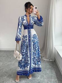 Elenzga Women's Floral Print V-Neck Button Elegant Midi Dress Fall Cloth For Women - Blue - View 1