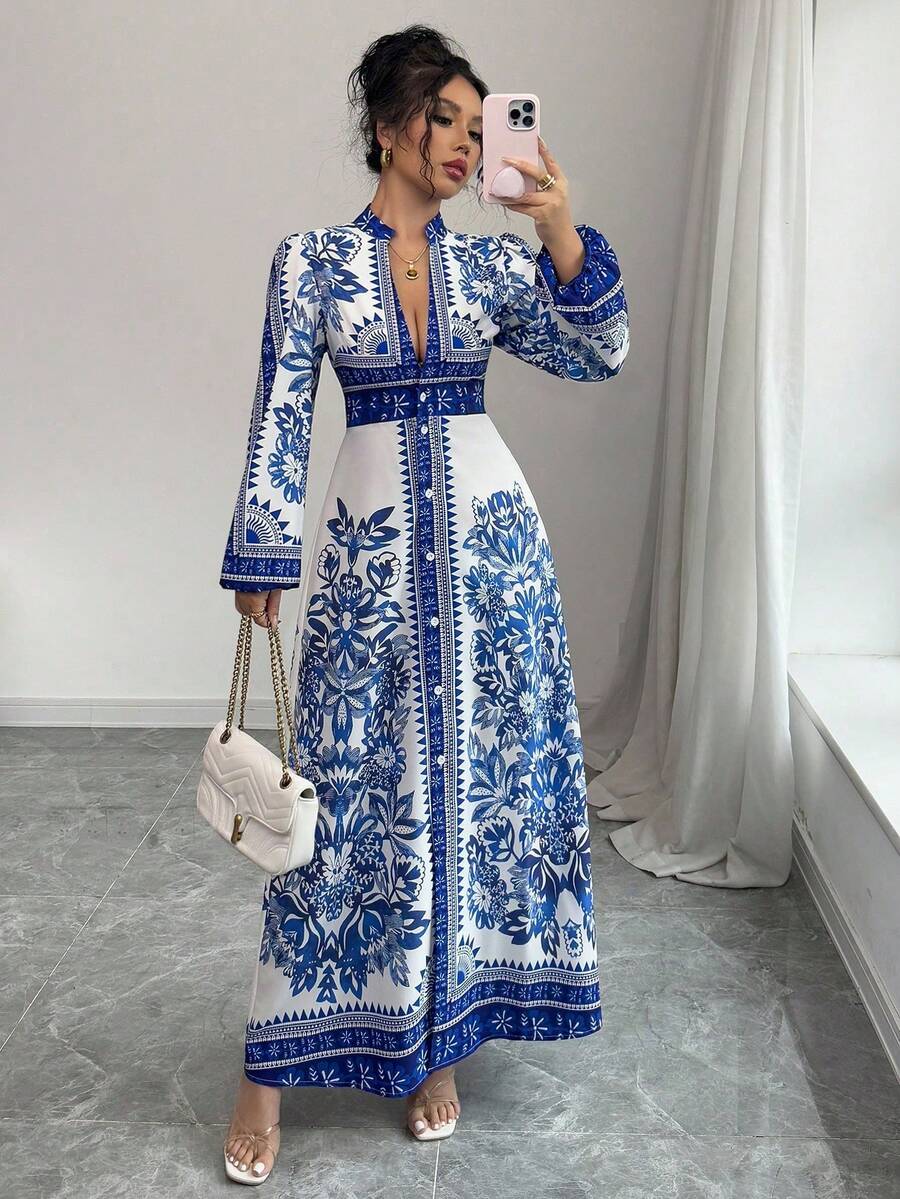 Elenzga Women's Floral Print V-Neck Button Elegant Midi Dress Fall Cloth For Women - Blue - View 1