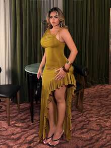 NU&NOW Plus Size Women Solid Color Asymmetric Design Party Ball Dress - Olive Green - View 6