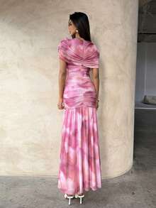 Aloruh Mesh Ruched Printed Elegant Extra Long Dress For Party, Date, Romantic Outfit - Multicolor - View 3