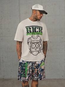 Rick and Morty X SHEIN Men's Letter Cartoon Print Short Sleeve T-Shirt And Shorts Set - Khaki - View 4