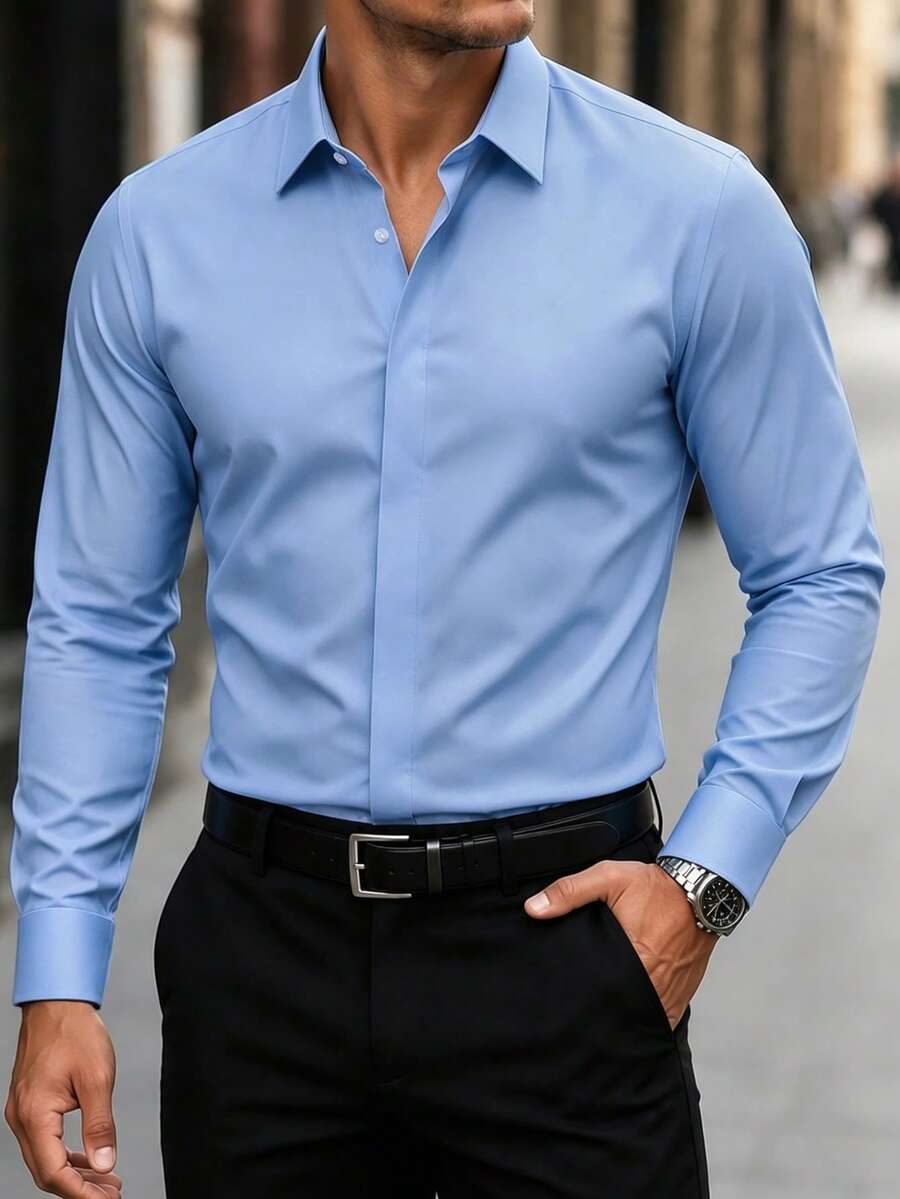Manfinity Mode 男士長袖襯衫,純色商務休閒與正式鈕扣式,四季舒適,標準版型適用於辦公室與正式穿著,光滑質感,儀式感 - 藍色 - 查看 1