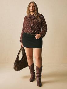 Freevana French Retro Elegant | Brown Polka Dot Sheer Chiffon Long Sleeve Blouse Neck Bow Loose Fit Top - Coffee Brown - View 8