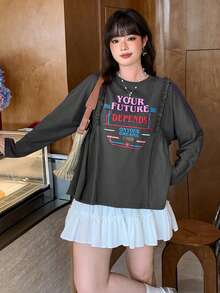 Dazy Plus Colorful Letter Print Patchwork Frill Trim Loose Long Sleeve Casual T-Shirt For Girls, Spring Summer Plus Size Autumn Graphic Tees Cute Tops Oversized - Dark Grey - View 6