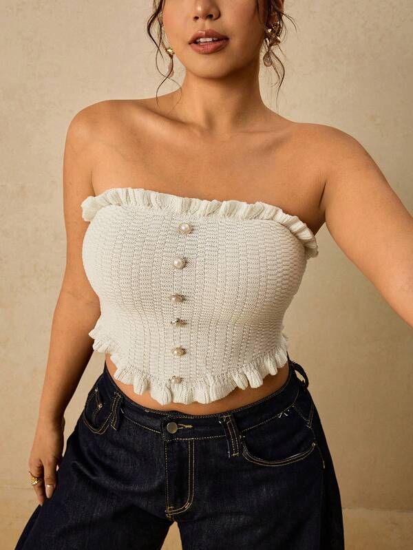 Travachic Minimalist Sexy Sexy Plus Size Bandeau Top With Ruffle Trim, Summer New Hot Girl Style
