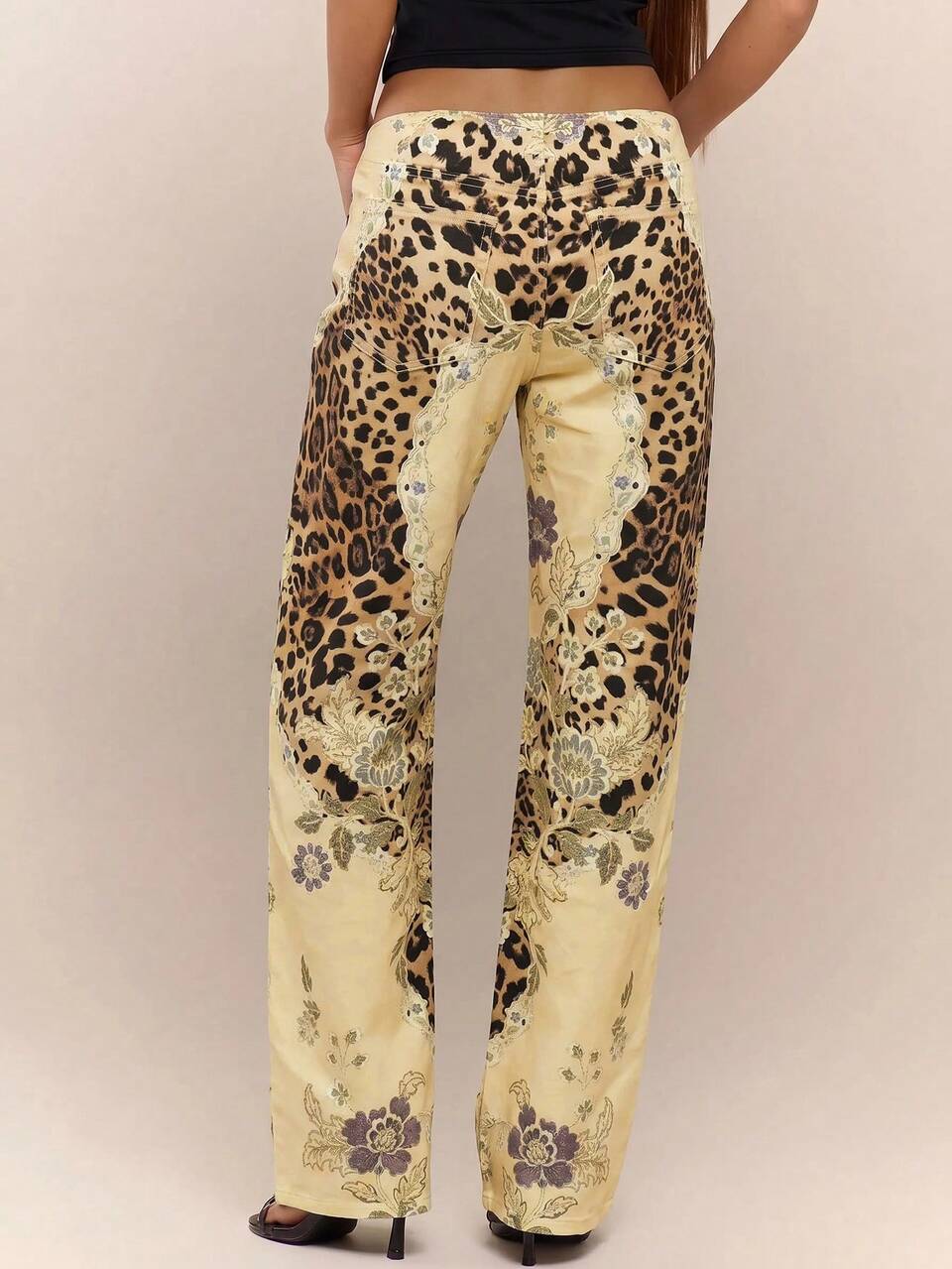 Peacock Print Lace Up Straight Leg Printed Jeans Coo