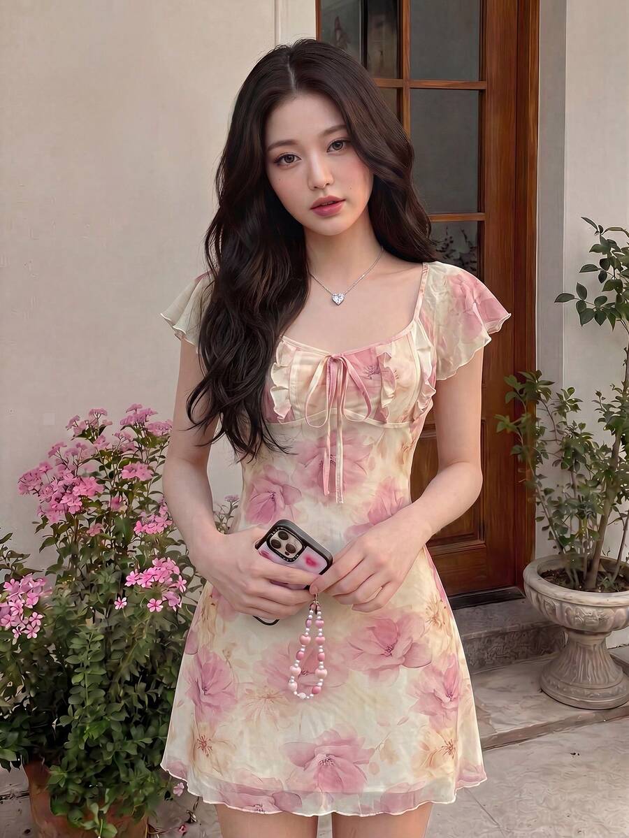 Skyraze Women's Summer Vacation Floral Print Mini Dress