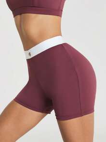 11SKNDS High-Waist Biker Shorts With Contrast Elastic Waistband, Compression Fit Mini Bike Shorts, Squat-Proof Stretchy Active Short For Yoga Gym Training - Red Violet - View 3