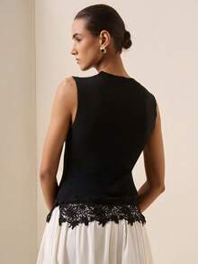 Briarwyn Autumn Women's French Elegant Lace Patchwork Knitted Tank Top For Date Brunch Dinner Office And Vacation Black Going Out Tops - Black - View 5