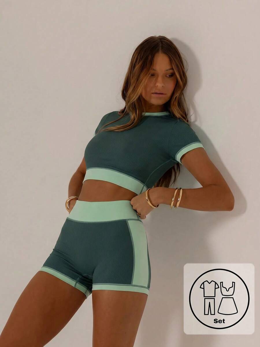 Aralina Women's Colorblock Patchwork Cropped Top & Shorts Sports Set - Green - View 1