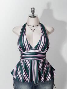 SHEIN ICON 女款大尺碼粉綠條紋掛脖上衣 - 彩色 - 查看 3